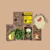 Oli & Carol baby product set including a onesie, teething toys, and packaging